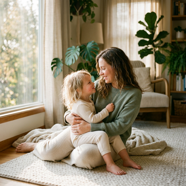 אמא וילד יושבים קרוב ומסתכלים בעיניים אחד של השני, אור רך ואווירה חמה